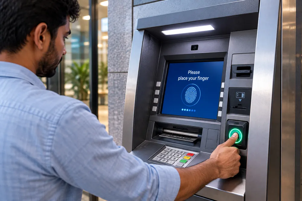 Customer pressing a fingerprint sensor on an ATM showing a place-your-finger prompt