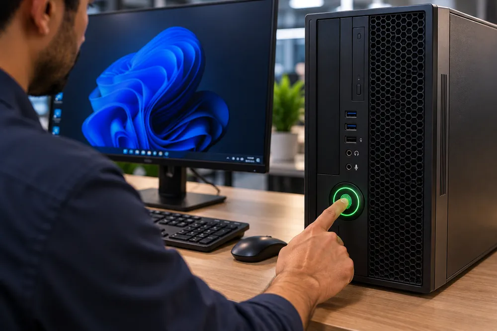 Person pressing a fingerprint sensor on a desktop computer tower