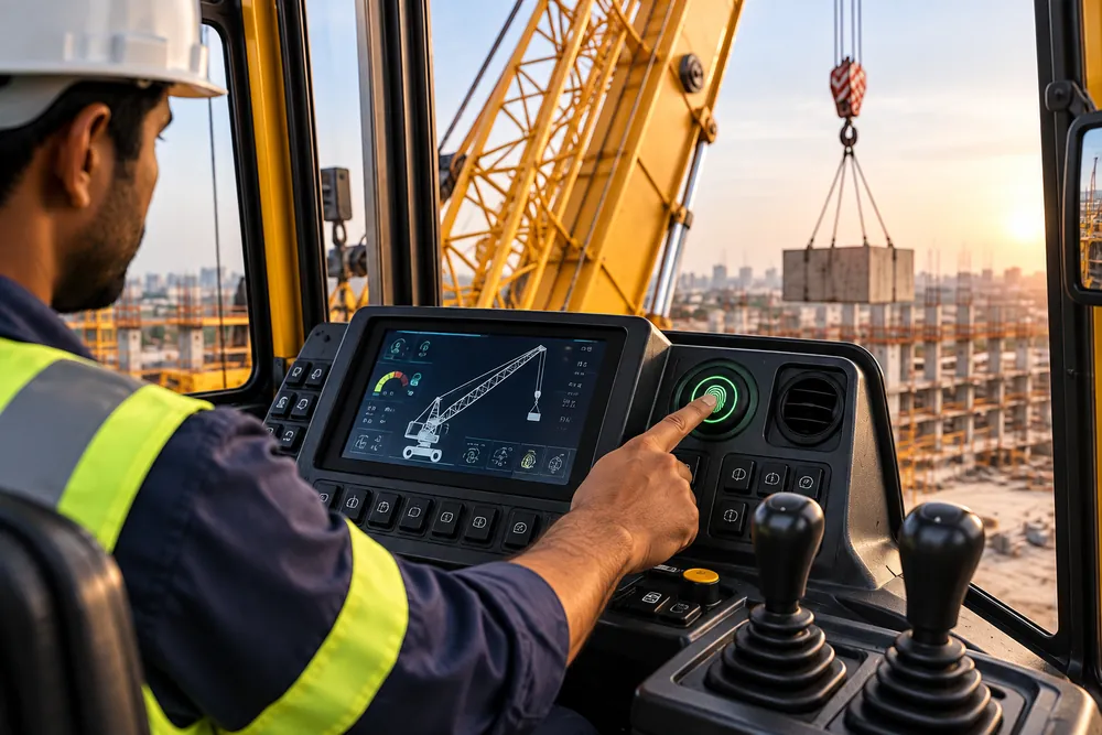 Crane operator pressing a fingerprint sensor on the cab control panel