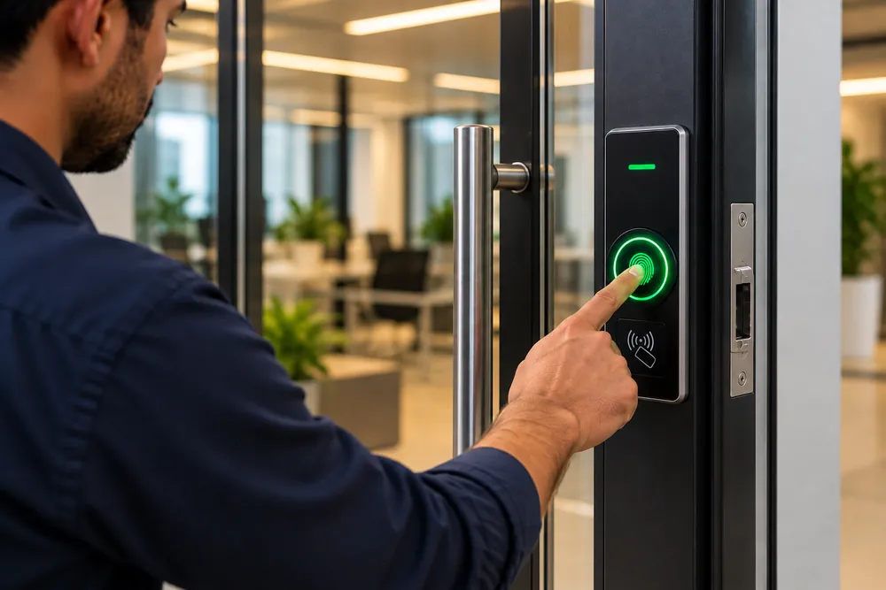 Office worker pressing a fingerprint sensor on a glass office door