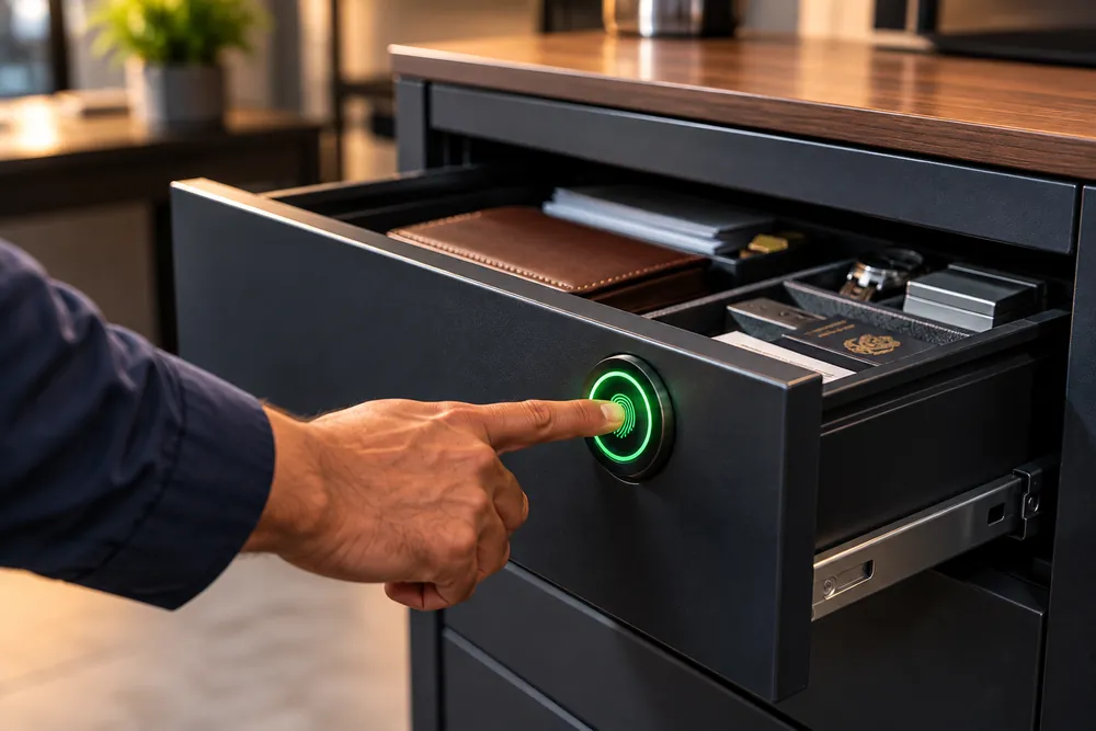 Hand pressing a fingerprint sensor on the front of a locking desk drawer
