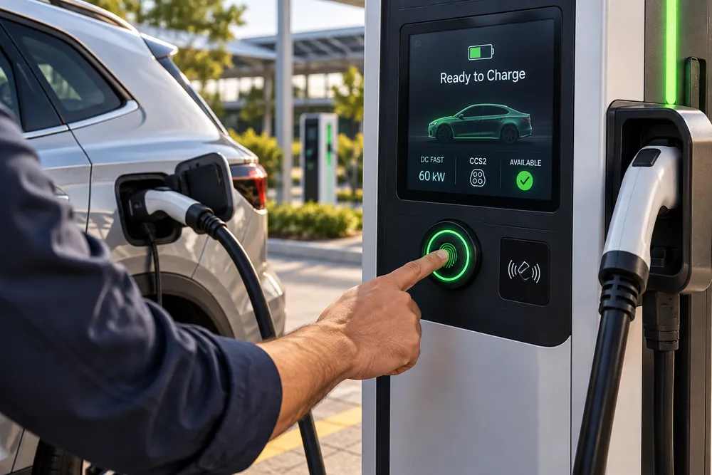 Driver pressing the fingerprint sensor on an EV charging station while the car is plugged in