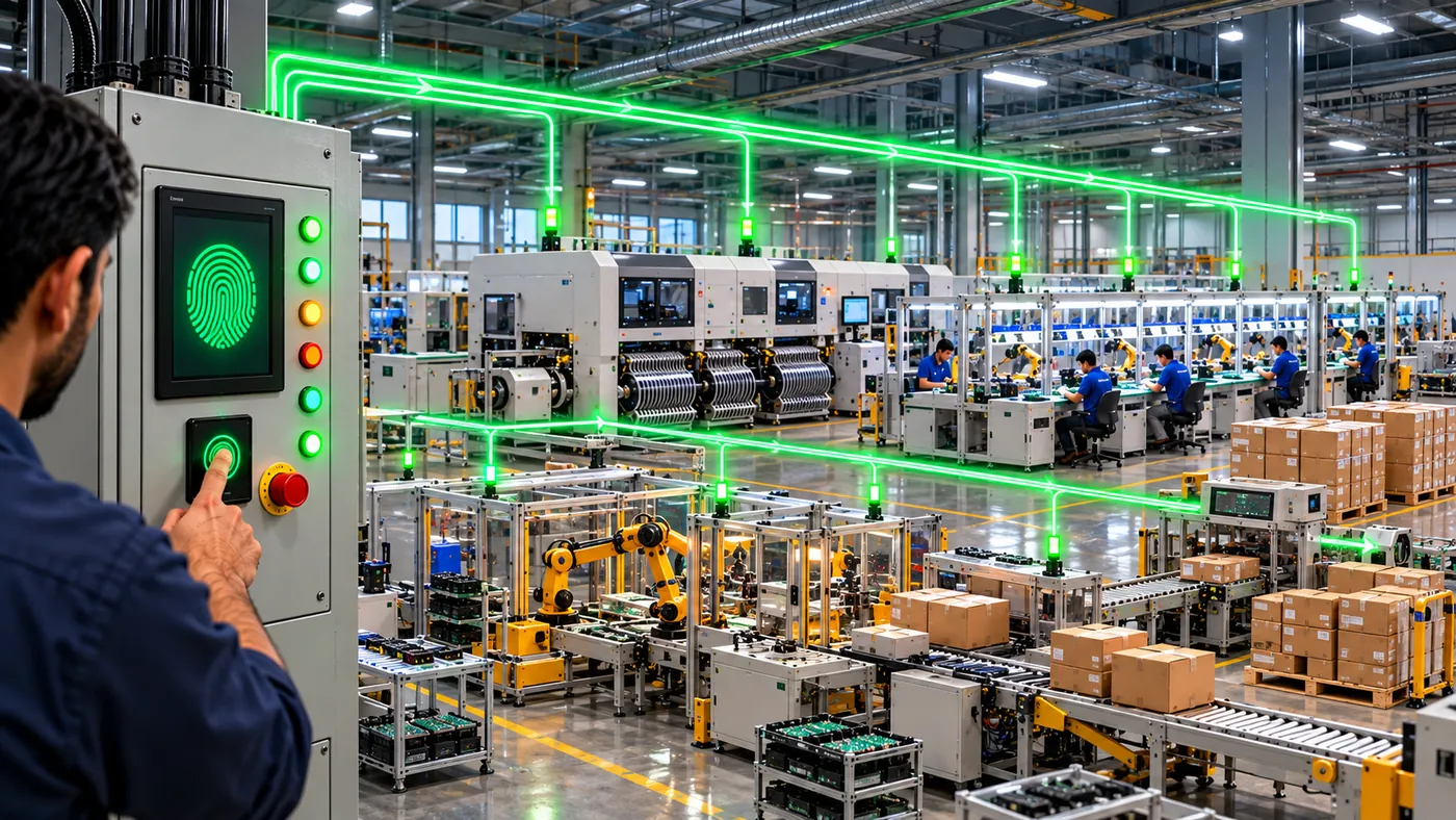 Operator authenticating at a production-line control cabinet with a lit fingerprint sensor, with the factory floor and robot cells behind