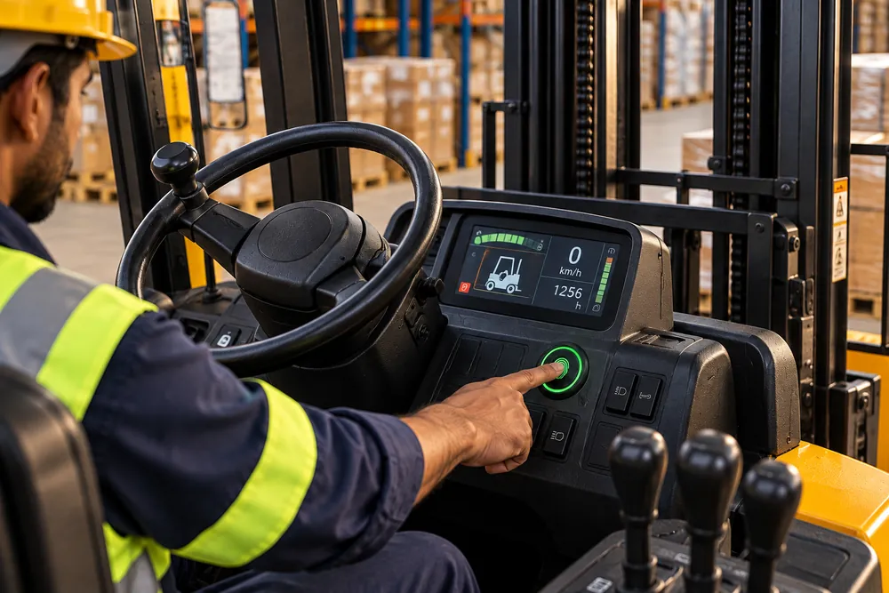 Forklift operator pressing a fingerprint sensor on the dashboard beside the steering wheel