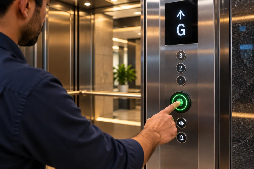 Person pressing a fingerprint sensor on a lift call panel