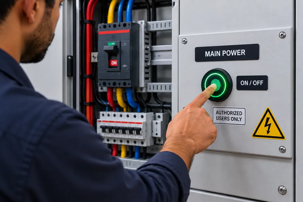Electrician pressing a fingerprint sensor on a main power switch panel marked authorised users only
