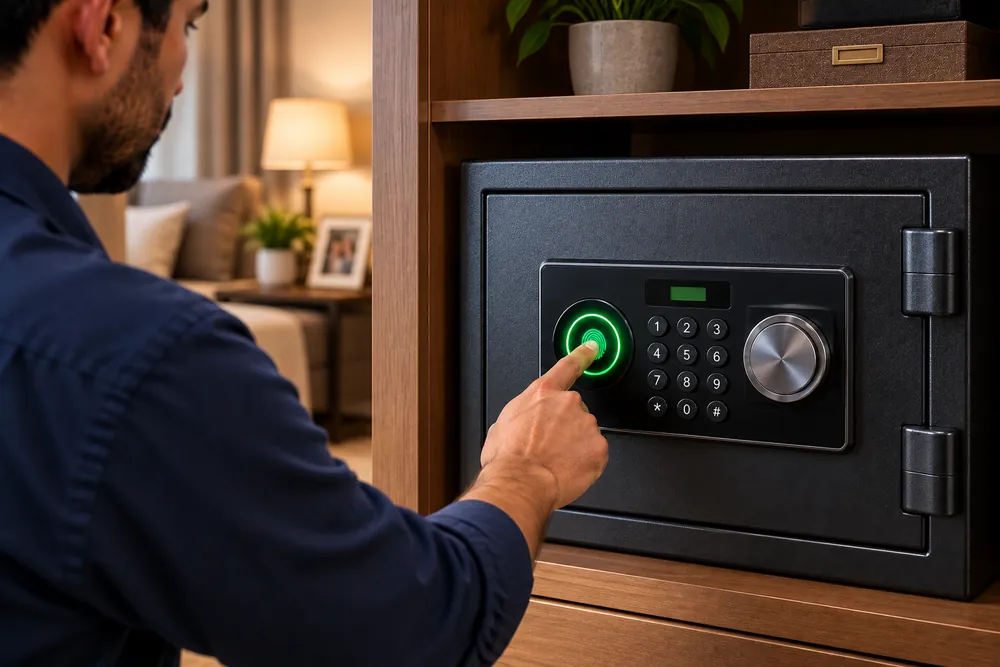 Person pressing a fingerprint sensor on a wall safe