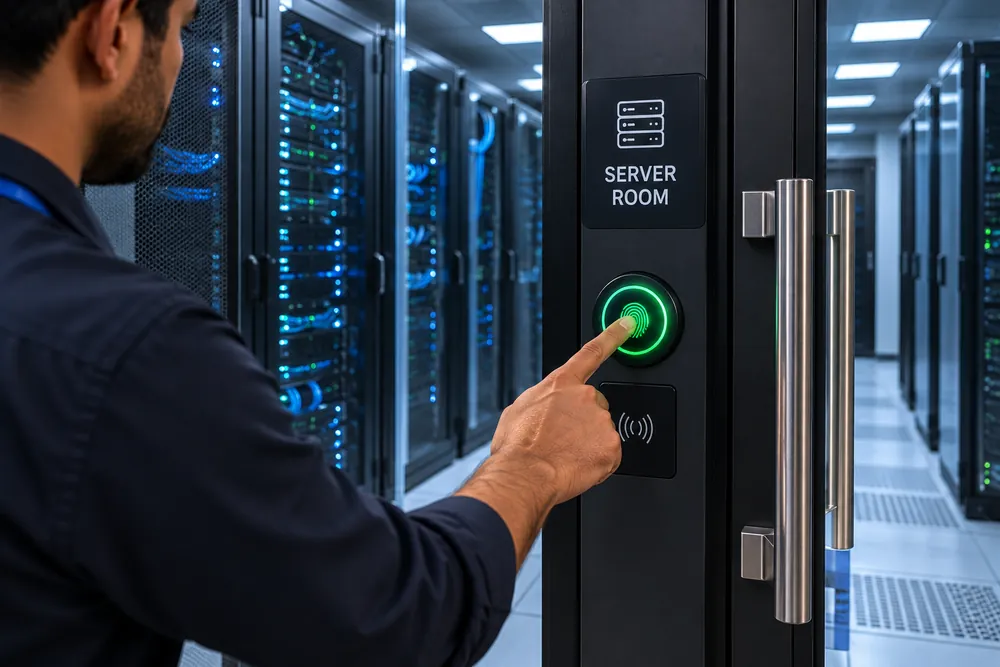 Technician pressing a fingerprint sensor on a server room door