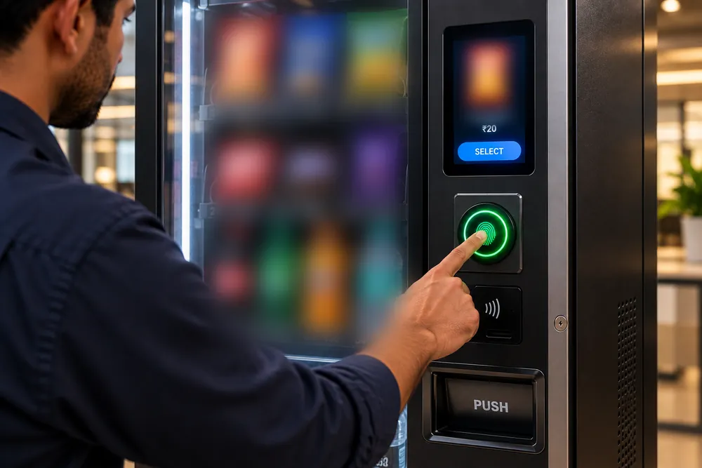 Person pressing a fingerprint sensor on a vending machine panel