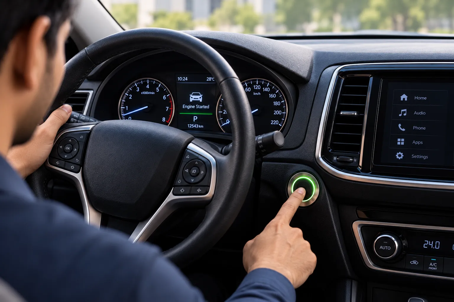 Driver pressing the FlexTor fingerprint sensor beside the steering column; the cluster reads Engine Started