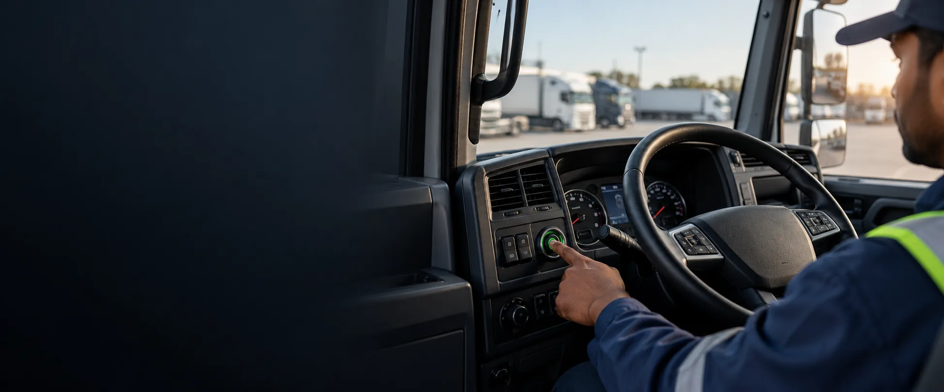Truck driver in a hi-vis jacket pressing the FlexTor fingerprint sensor on the dashboard, with a fleet yard beyond the windscreen