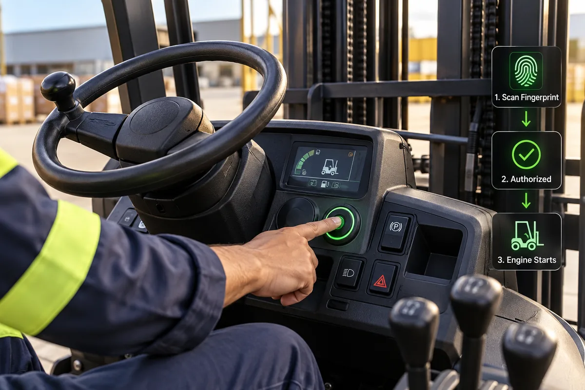 Forklift operator pressing the FlexTor fingerprint sensor on the dashboard, with three steps shown: scan fingerprint, authorised, engine starts