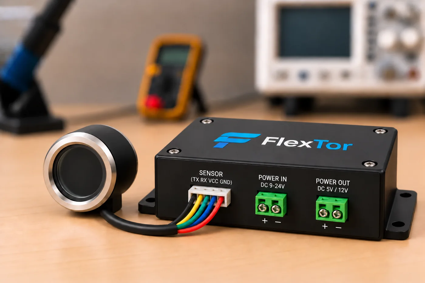 FlexTor igniter: fingerprint sensor cabled to the FlexTor controller enclosure, with 9–24 V DC power-in and 5 V / 12 V power-out terminal blocks