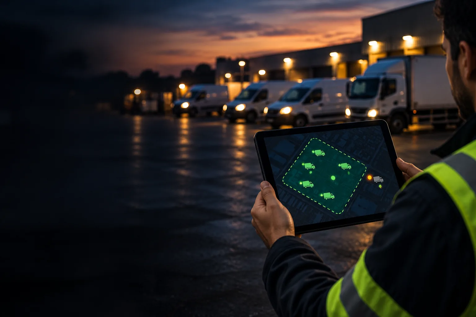 Fleet manager in a hi-vis jacket holding a tablet that shows vehicles inside a geofence, with delivery vans and a truck at the depot behind