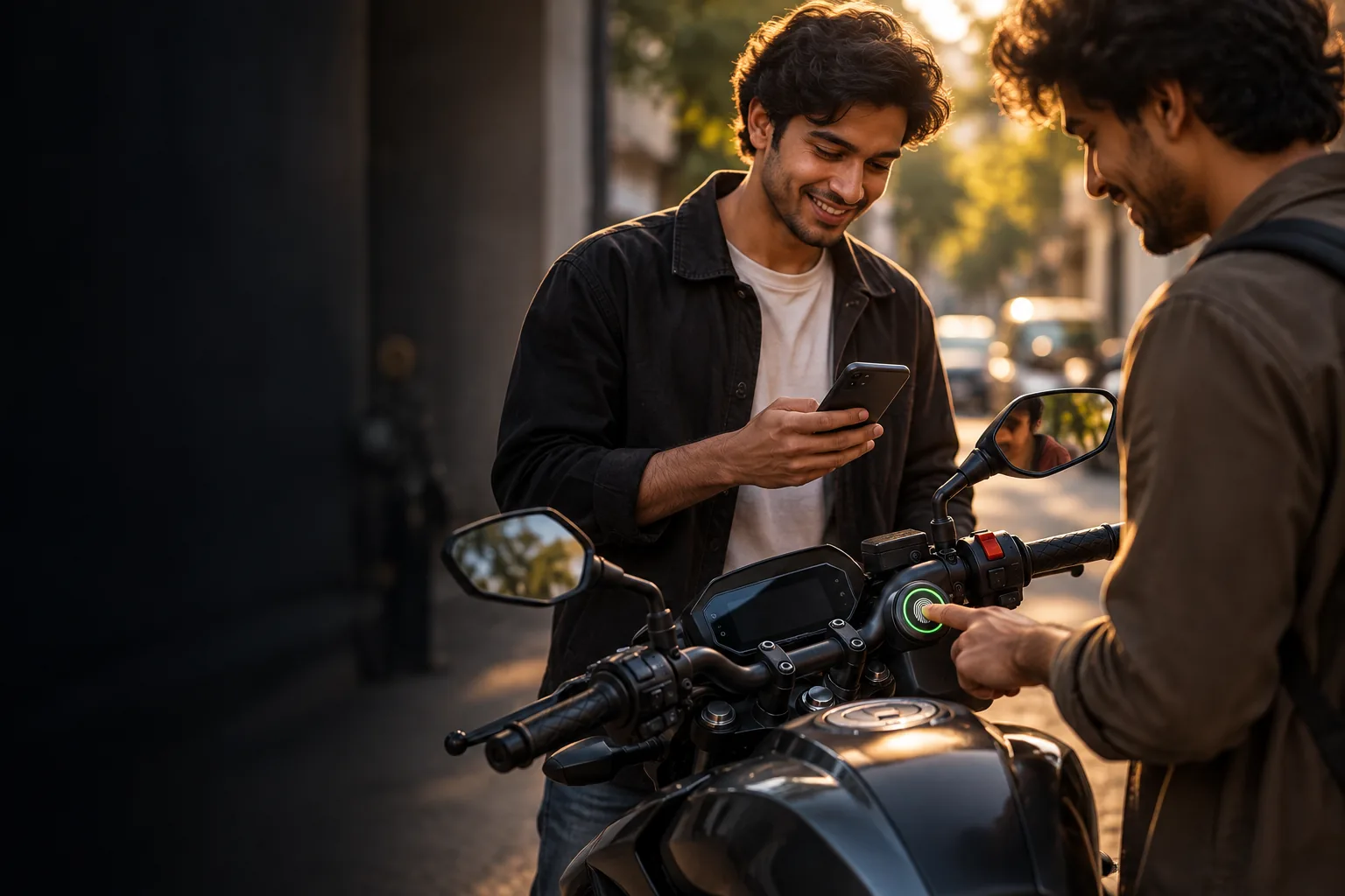 Two friends at a motorcycle: the owner holds a phone while the friend presses the FlexTor fingerprint sensor, which glows green