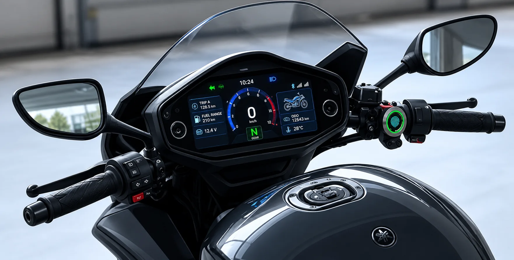 Motorcycle handlebar with a FlexTor fingerprint sensor lit green beside the digital dash